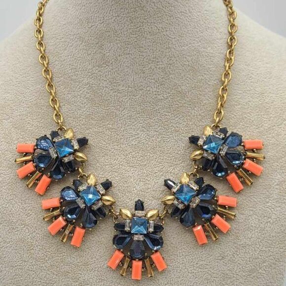 J Crew Blue Crystal Orange Resin Signed Statement Necklace - Picture 1 of 8